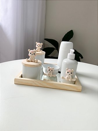 Kit higiene com 5 peças ursinho + bandeja com espelho