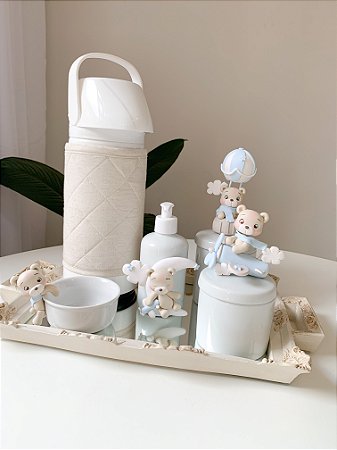 Kit higiene urso aviador biscuit com 5 peças + bandeja em resina