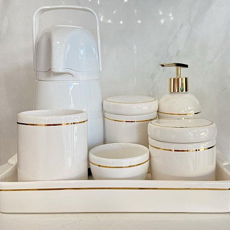 Kit higiene clássico com 6 peças + bandeja em porcelana