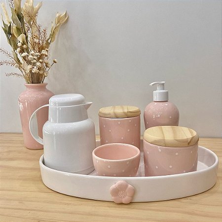 Kit higiene rosa velho com poá branco 6 peças