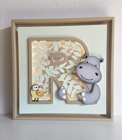 Quadros decorativos Safári com inicial leão girafa elefante hipopotamo macaco