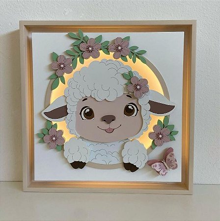 Quadro decorativo ovelhinha ovelha borboletas e flores luz de led