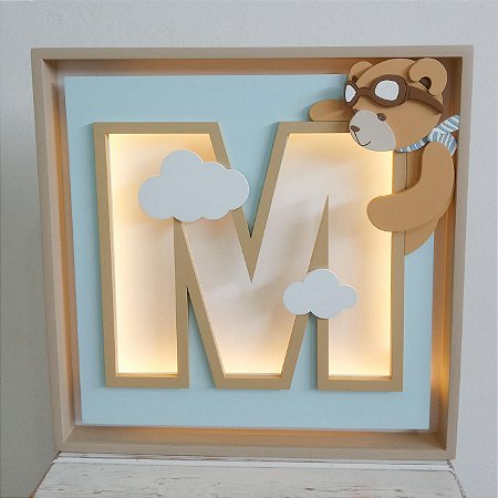 Quadro porta maternidade ursinho urso aviador luz de led com inicial