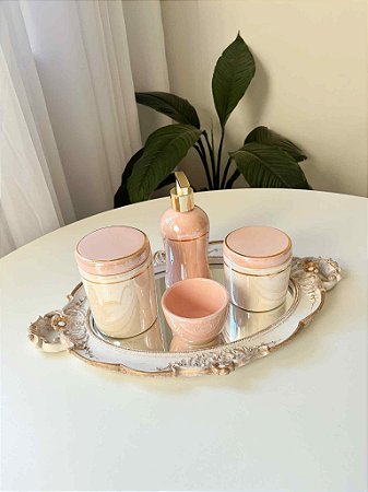 Kit higiene branco e rosa velho com filete de ouro 5 peças
