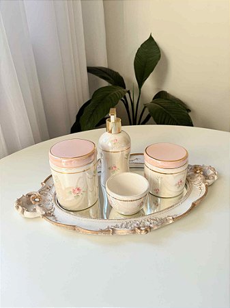 Kit higiene floral e rosa velho com filete de ouro 5 peças