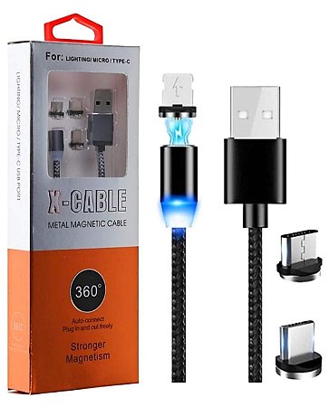 Cabo x cable .Carregador Magnético Imã Turbo Com 3 Conectores 3em1