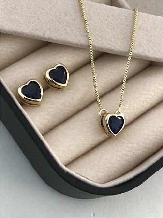 Conjunto de coração pedra azul