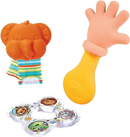 Kit 3 Mordedores Chocalho Pulso e Água Meu Primeiro Kit Bebê Toyster
