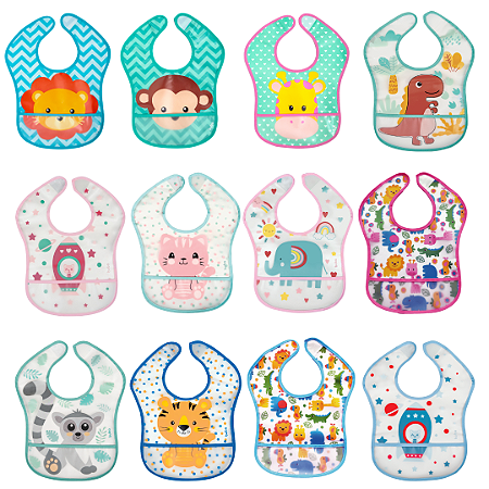 Babador Impermeável Com Bolso Pega Migalhas e Velcro Animal Fun Bebê Infantil Buba