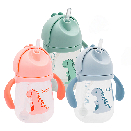 Copo Infantil Dino 240ml Buba Alça Removível Canudo Silicone Válvula Anticólica Evita Ingestão Ar