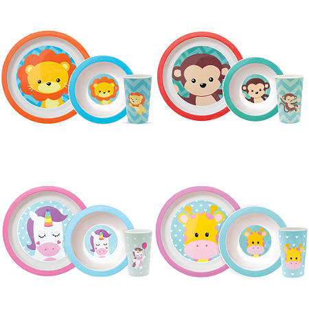 Kit Refeição Animal Fun Prato Raso Bowl e Copo Introdução Alimentar Bebê Infantil Buba