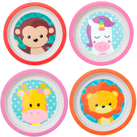 Prato Raso Animal Fun Introdução Alimentar Bebê Infantil Buba Pode Microondas e Lava Louças