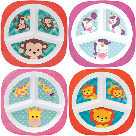 Prato Com 3 Divisórias Animal Fun Introdução Alimentar Bebê Infantil Buba Pode Microondas e Lava Louças