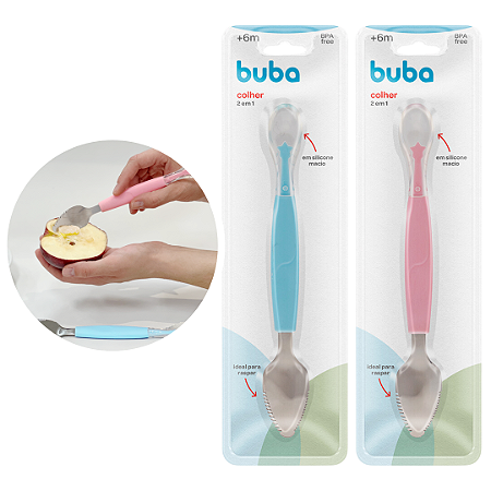 Colher Infantil Raspa Fruta 2 em 1 Inox e Silicone Buba Introdução Alimentar Bebê Criança
