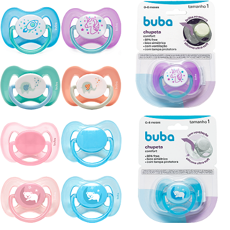 Chupeta Buba Comfort Ultra Soft Ventilação Tam 1 Com Tampa Protetora* de Bico Silicone Para Bebê 0-6 meses