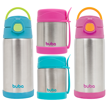 Kit Pote Térmico Inox Com Colher 320ml + Garra Térmica Inox Com Canudo 400ml Buba
