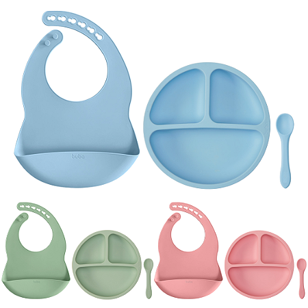 Kit Refeição Silicone Buba 3 Peças Babador Prato Com Divisória e Colher Introdução Alimentar