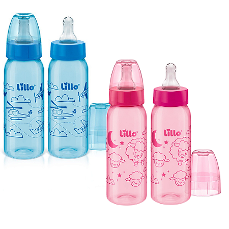 Kit 2 Mamadeiras Lillo Divertidas 240ml Bico 6m+ Com Tampa Antivazamento e Bico Redondo