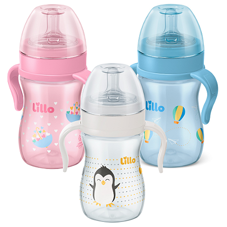 Mamadeira Com Alça Lillo Evolution 240ml Bico 6m+ Com Tampa Antivazamento e Bico Redondo