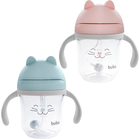 Copo Infantil Gatinho 220ml Buba Com Canudo Anticólica Alça Removível e Tampa Retrátil