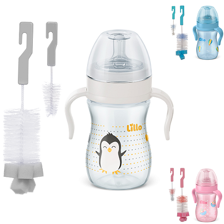 Mamadeira Com Alça Lillo Evolution Bico 6m+ 240ml + Escovas Para Lavar Mamadeira e Bico Buba