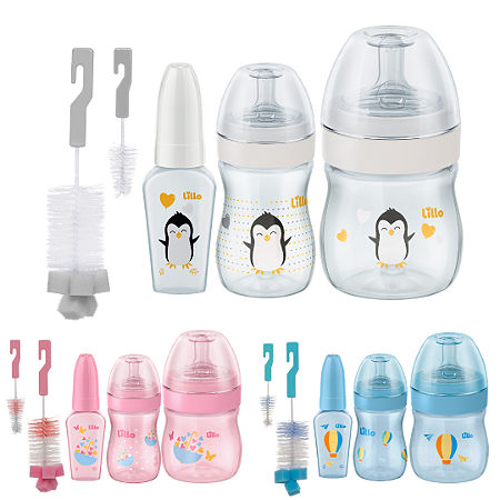 Kit 3 Mamadeiras Lillo Evolution 50/150/240 ml + Escovas Para Lavar Mamadeira e Bico Buba