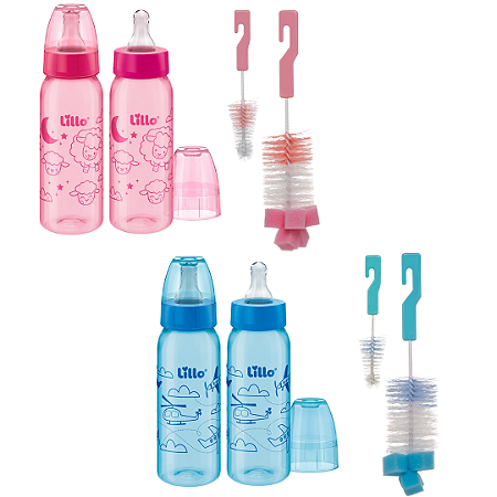 Kit 2 Mamadeiras Lillo 240ml + Escovas Para Lavar Mamadeira e Bico Buba