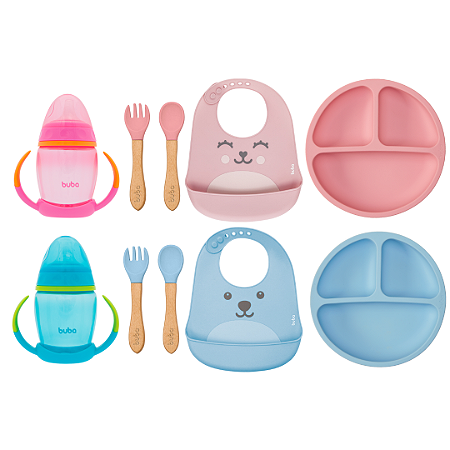 Kit Introdução Alimentar Silicone Buba 5 Peças – Prato com Ventosa, Kit Talheres, Babador e Copo com Alça Removível