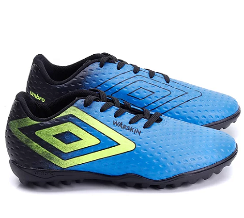 Chuteira de Futebol Society Adulto Umbro Warskin Original Azul/Verde Limão