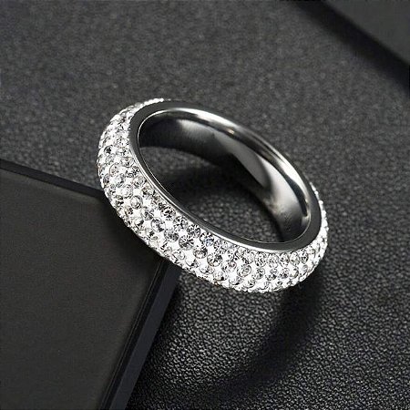 Anel Masculino Cravejado Zircônia Anatômico Prata Inox