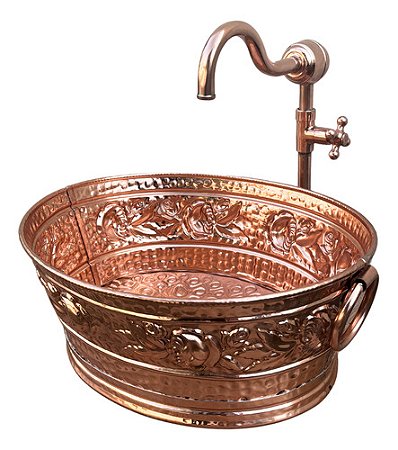 Kit Cuba E Torneira Cobre Puro Oval Floral Rustica Banheiro