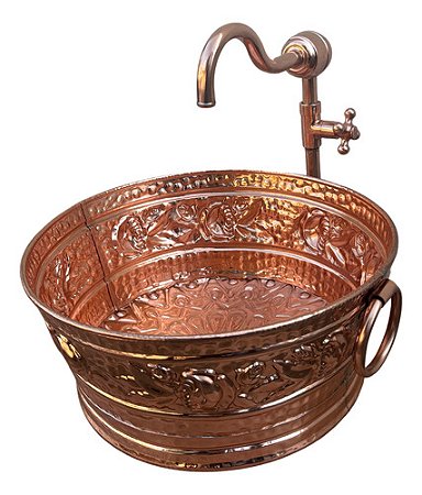 Kit Cuba E Torneira Em Cobre Redonda Floral Rustica Banheiro