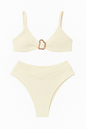 Conjunto Biquíni Off White Texturizado com Fivela Dourada Top Conforto + Calcinha Cintura Alta em V