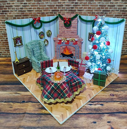 Quadro Cenário Miniatura Sala de Natal com Led
