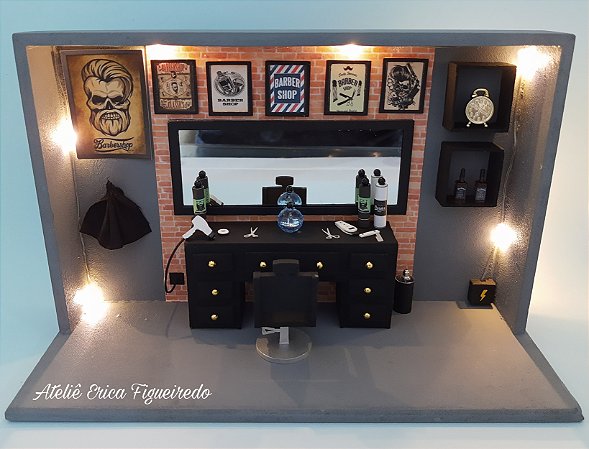 Quadro Cenário Miniatura Barbearia com Led - Salão