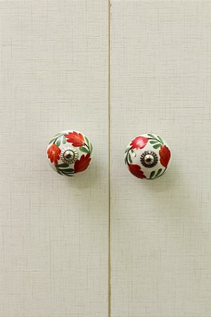 Puxador de Porcelana off-white com floral laranja e verde