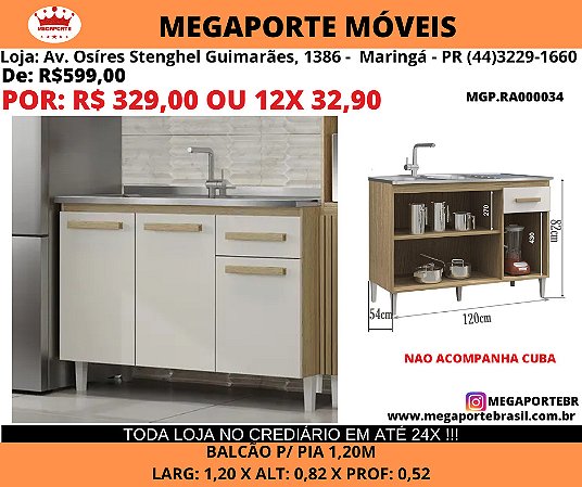 Balcão 3 Pts 1 Gav 1,20 s/ Tampo P/ Pia