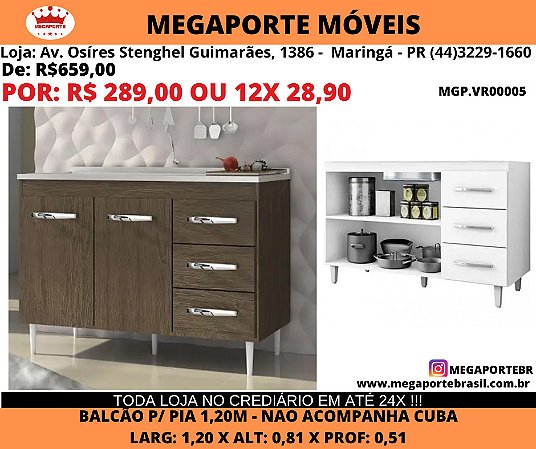 Balcão para Pia 1,20 com 2 Portas 3 Gavetas