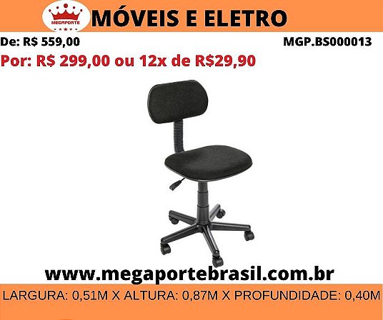 Cadeira de Escritório Secretária Giratória com rodinhas Tecido Preto