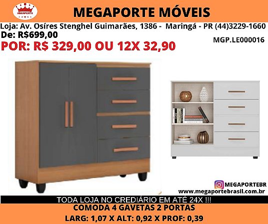 Cômoda 4 gavetas 2 Portas