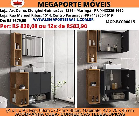 Conjunto Banheiro Gabinete Ibiza Preto Fosco Naturalle