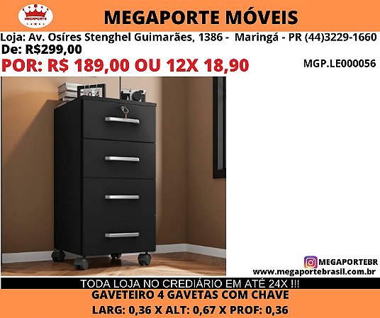 Gaveteiro 4 Gavetas com Chave