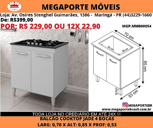 Balcão Cooktop 4 Bocas 2 Portas