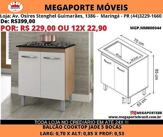 Balcão p/ Fogão Cooktop 5 Bocas 2 portas