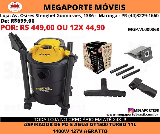Aspirador de Pó e Agua GT1500 Turbo 11L 1400W 127V Agratto