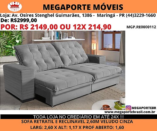 Sofá Retratil e Reclinavel 2,60M Molas Ensacadas
