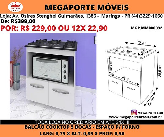 Balcão Cooktop 5 Bocas c/ espaço p/ forno