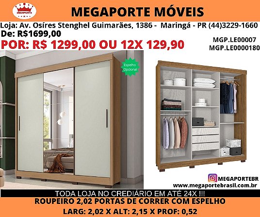 Guarda Roupa Porta de Correr 2,02M com Espelho