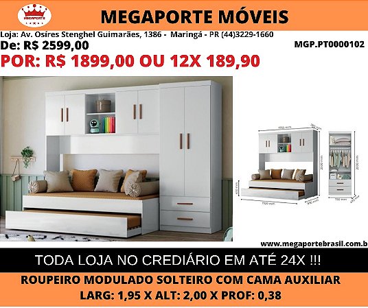 Roupeiro Modulado Solteiro com Cama Auxiliar