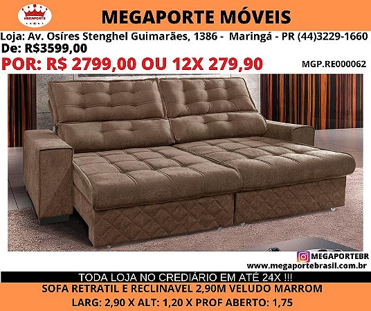 Sofa Retratil e Reclinavel 2,90 Molas Ensacadas